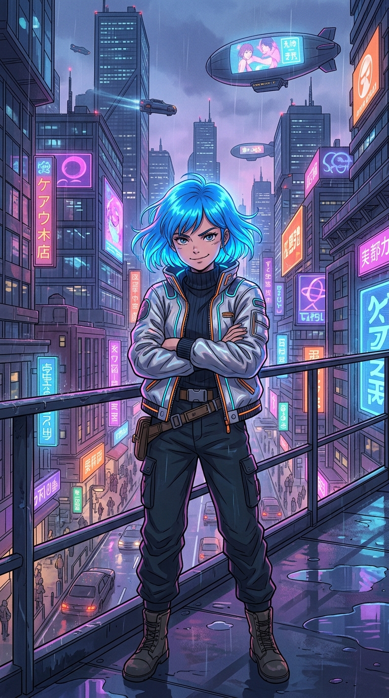 1girl, futuristic cyberpunk city, neon lighting, glowing blue hair, silver jacket, confident smirk, highly detailed, vibrant colors, anime masterpiece, studio ghibli style