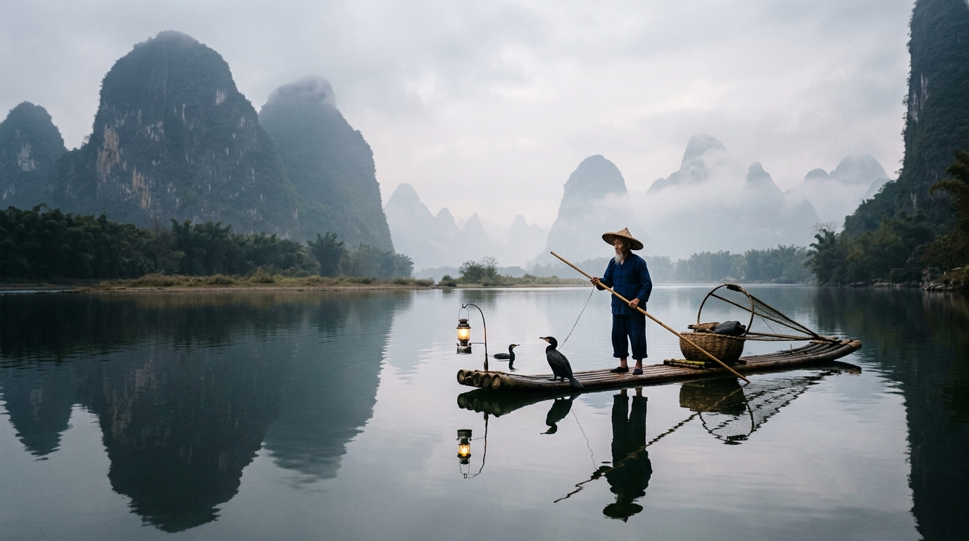 Serene traditional cormorant fisherman photography on bamboo raft over Li River, with karst mountains shrouded in mist in background. Reflective water, mirror-like silhouettes, and peaceful timeless atmosphere.