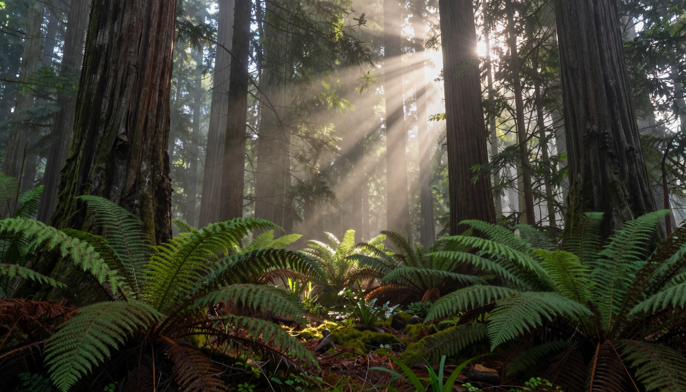 Misty morning in a dense, ancient forest, sunlight filtering through tall redwood trees, ferns and moss covering the ground, volumetric lighting, photorealistic, serene atmosphere, detailed foliage.