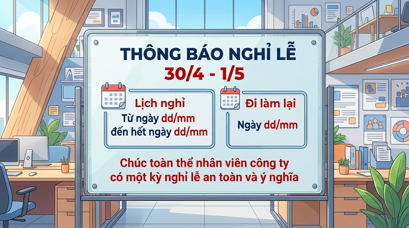 Tạo một poster thông báo nghỉ lễ 30/04 - 01/05 cho công ty, tỷ lệ 16:9, phong cách 3D Anime nghệ thuật hiện đại và sắc nét. Bố cục chủ đạo: Trung tâm tuyệt đối là một bảng thông báo lớn bằng kính hiện đại hoặc gỗ sáng màu, được đặt chính giữa khung hình, thu hút mọi sự chú ý. Nội dung văn bản trên bảng (Chữ rõ, font hiện đại, màu đỏ hoặc xanh dương đậm nổi bật): Tiêu đề: 'THÔNG BÁO NGHỈ LỄ 30/4 - 1/5'. Nội dung chính (đặt trong các khung nhỏ hoặc icon lịch): Lịch nghỉ: Từ ngày dd/mm đến hết ngày dd/mm. Đi làm lại: Ngày dd/mm. Lời chúc: 'Chúc toàn thể nhân viên công ty có một kỳ nghỉ lễ an toàn và ý nghĩa'. Bối cảnh phía sau là hình ảnh văn phòng hiện đại với nhiều họa tiết phù hợp với môi trường công sở. Ánh sáng rực rỡ ban ngày, màu sắc trong trẻo, bố cục cân đối hoàn hảo vào giữa. Chất lượng cao.