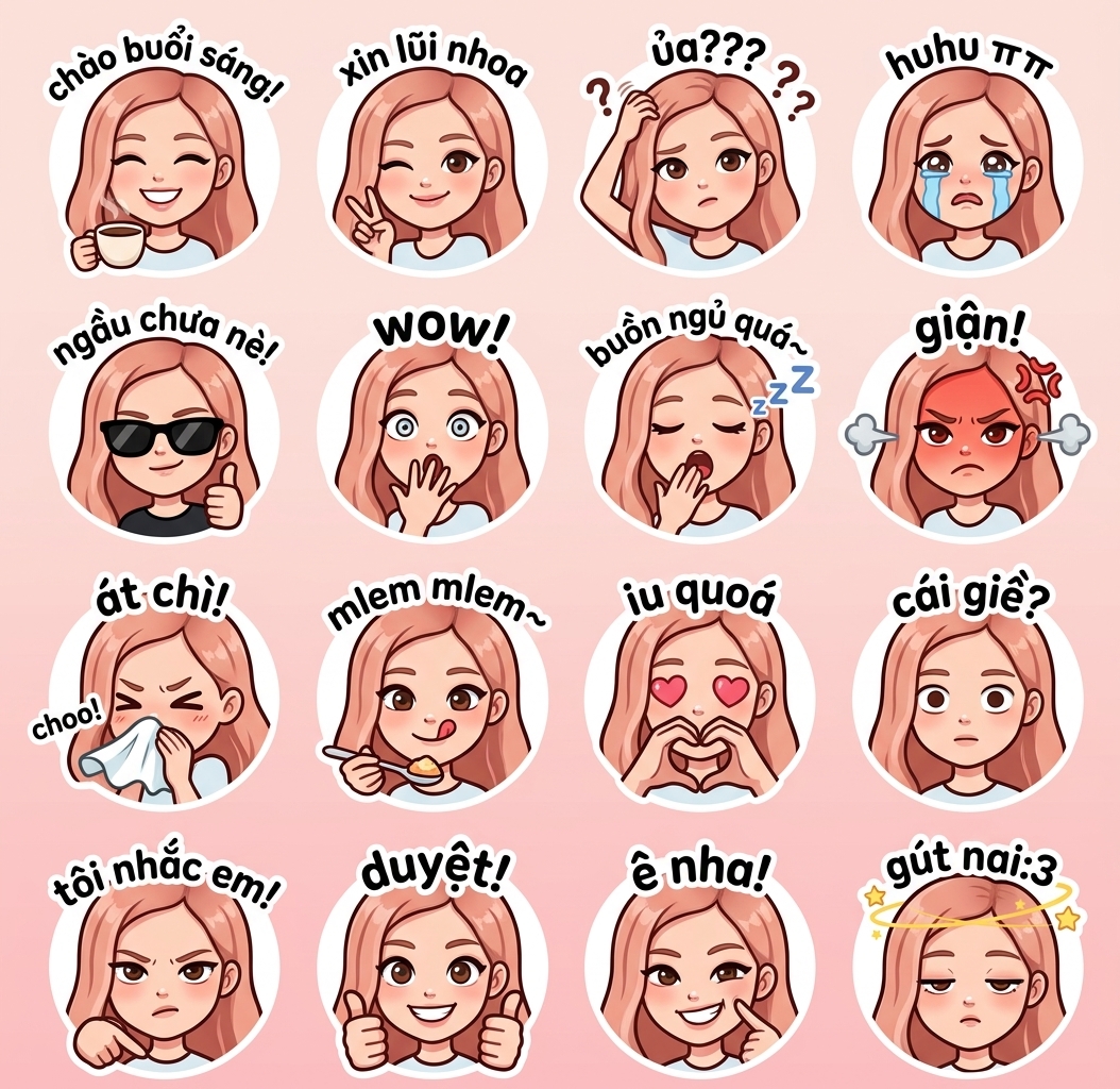 Hãy tạo hình ảnh phong cách sticker zalo sử dụng khuôn mặt tôi đã gửi lên Nền sạch, đơn giản. Tổng cộng 16 biểu cảm đa dạng: cười, khóc, buồn ngủ, ngạc nhiên, ngơ ngác, đang ăn, nhăn nhó, biểu cảm đáng yêu… Mỗi biểu cảm thêm chữ tiếng Việt dễ thương: ví dụ: chào buổi sáng!, cái giề?, tôi nhắc em!, buồn ngủ quá~,huhu ㅠㅠ, wow!, duyệt!, ê nha!, át chì!,mlem mlem~, giận !, ủa??? , gút nai:3, xin lũi nhoa , iu quoá, ngầu chưa nè !,